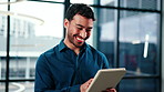 Finance, tablet and happy man in lobby for investment review, foreign exchange and stock market. Office, business and person on tech for financial report, liquidity management and risk assessment