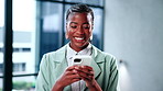 Typing, phone and business woman in office for networking, social media and email for finance update. Corporate, financial and African person on cellphone for connection, internet or contact in lobby