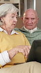 Senior, couple and discussion in home with laptop, life insurance and research for retirement plan. Married, elderly people and talk in house with computer, browsing and website for policy cover.