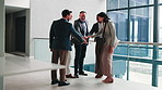 Happy people, success and hand stack in business, teamwork and solidarity for legal service or case. Lawyers, applause and collaboration with colleagues, high five and celebration for achievement