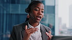 Telecom, woman and discussion in office with laptop, finance advice and help for wealth management. Black person, talk and financial advisor in business with computer, online consultation or feedback