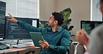 Man, tablet and training for coding in office, programming and computer screen with code system. Technology, programmer intern and mentor with learning problem solving logic and developer tools