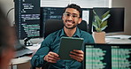 Tablet, man and talking with coding team for code review, bug report joke or pull request feedback. Tech screen, programmer and happy people in office for software planning, laugh or algorithm advice