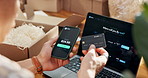 Person, hands and credit card with phone for payment, online shopping business or fintech app. Employee, entrepreneur or debit with technology or box for financial banking, logistics or transaction