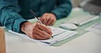 Account, documents and writing with hands in office for payment request, invoice review or audit. Budget sign off, balance receipt and planning with person in agency for finance controller and report