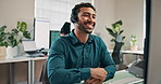 Smile, man and programmer at call center with computer, discussion and crm for technical support. Happy, person and coworking in office with pc, customer service and it assistance for software issues