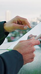 Scroll, online and hands with tablet, outdoor and communication with contact on social media or app. Browsing, message and person with technology, internet connection and networking on website