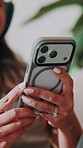 Text, message and hands in home with phone, online communication and post reaction on social media. Digital, typing and woman in house with tech, contact notification or chat on virtual platform.