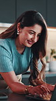 Kitchen, happy and woman on laptop for remote work, finance review and budget planning in home. Wfh, business and person on computer for financial report, research or proposal for wealth management
