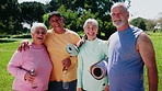 Fitness, face or old people in park with support, active aging or group pride with workout hobby. Happy, portrait or senior friends with mat, confidence or team exercise in retirement activity.