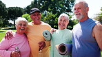 Fitness, face or old people outdoor with support, active aging or group pride with workout hobby. Happy, portrait or senior friends with mat, confidence or team exercise in retirement activity.