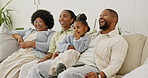 Laugh, bonding or black family in house with watching tv, funny show or movie binge on weekend. Grandmother, parents or girl with comedy film, happy moment or entertainment streaming in quality time.