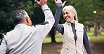 Senior, couple and warm up with high five outdoor, exercise and wellness with cardio support. Steps, fitness and happy woman with man for motivation, healthy lifestyle and workout prep in retirement