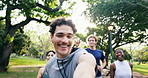 Face, man and running in park with selfie, photography and social media vlog for marathon success. Portrait, people and fist pump outdoor with pov, profile picture and celebration for fitness victory