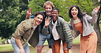 College, face or friends on campus with smile, scholarship pride or peer support in higher education. Happy, people or student with unity, university collaboration or diversity in study opportunity.