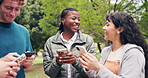 University, laugh or friends outdoor with phone, funny text or comic reaction on social media. Humor, happy people or students in park with technology, college bonding or gen z meme in group chat.