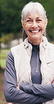Fitness, face and old woman with arms crossed, outdoor and pride for health after physical activity. Laughing, portrait and senior person on workout break, happiness and exercise for wellness at park