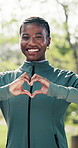 Face, heart and woman in park for fitness, exercise and break for cardio wellness and active outdoor. Happy, portrait and African person with sign, emoji and fresh air for workout, health or training