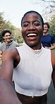 Face, influencer and woman recording for running club, exercise and active with friends outdoor. Portrait, pov and happy person with video for workout, fitness and content creation for social media