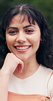 Happy, college and face of woman in park for education, future and research opportunity. Scholarship, gen z student and learning with person on university campus for knowledge, smile and academy