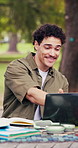 Study group, man and laptop on campus with help, explain lecture slides and share knowledge outdoor. University, happy people and tech for academic support, exam tips and tutoring for essay insight