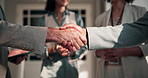 Business people, handshake and applause for success, agreement and partnership at hotel conference. Clapping, shaking hands or collaboration with employees, deal or celebration at seminar with tablet