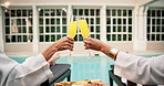 Women, hands and cheers with glasses in spa for weekend, holiday or bonding by swimming pool. Female people, friends or toast with drink, snacks or charcuterie board in luxury resort or hotel retreat