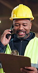 Construction worker, phone call and man with clipboard, talking or feedback for maintenance timeline. Checklist, mobile or mature black person at architecture site, building development or smile