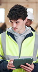 Carpentry, review or man in factory with tablet, safety inspection or stock control in woodworking. Digital, walk or carpenter with tech, compliance checklist or inventory management in manufacturing