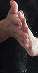 Person, hands and clapping with flour for culinary art, hospitality or meal prep for pizza. Pastry chef, food or getting ready with texture, powder or seasoning dust for catering, recipe or cuisine