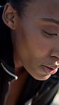 Tired, woman and break in city with fitness challenge, thinking and recovery from running exercise. Exhausted, black person and runner breathing outdoor with cardio workout, wellness and fatigue.