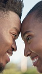 Outdoor, love and couple with forehead touch, laugh and bonding with partner and happiness on break. Black people, smile and connection with spouse on weekend, together and relationship commitment