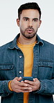 Frustrated, man and problem in studio with phone, online glitch and network error for social media. Disappointed, person and no gesture with tech, connectivity and internet issue on white background.