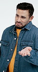 Clueless, man and studio with question for problem solving or brainstorming on a white background. Unaware, male person or what with no explanation or lost answer for confusion, idea or solution 