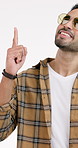 Happy, man and point in studio with fashion promotion, advertising discount and sunglasses for style. Person smile, gesture and marketing for retail sale, decision or cool shades on white background.