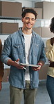 Face, man and logistics at startup with team, entrepreneur and supply chain for distribution. Portrait, people and tablet in office with clipboard, inventory and collaboration for ecommerce delivery