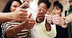 Motivation, team and hands in office with thumbs up, good job and encouragement in yes gesture. Flare, happy and people in workplace with okay emoji, agreement and appreciation in positive feedback.