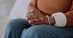 Mental health, overthinking or hands on sofa with nerves, anxiety trigger or flashback of trauma. Stress, overwhelmed or person in house with difficult memory, fear or tension in emotional thoughts.