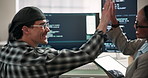 Computer, team and people high five for programming, cybersecurity and website for ai system. Office, happy and man with woman celebrate for developer success, script and good job for coding on tech