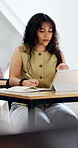 College student, research and woman with tablet, education and planning for assignment in classroom. University, notes and person with technology, studying and exam preparation with info on website