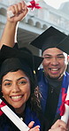 Happy, selfie and group with graduation certificate for college degree, education diploma and pride. People, university graduate and peace or excited  friends for goals, flare and social media post