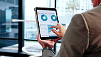Data analysis, research and hands with tablet screen in office, performance review or scroll charts. Browsing, graphs and business person with tech, financial analyst and investment growth on website