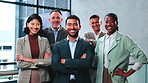 Face, leader and laugh with team in office for legal counsel, legislation service and about us. Corporate, lawyers and happy people with arms crossed for staff solidarity, career integrity and funny