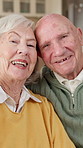 Face, old couple and relax at house with smile, love and partner support for healthy relationship. Portrait, senior people and laugh in lounge with spouse, connection and stress free on retirement