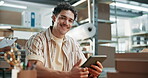Tablet, logistics and face of man in warehouse for shipping manager, smile and cargo report. Delivery schedule, supply chain and online inventory review with person in factory for small business
