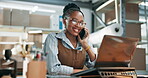 Smile, woman and phone call at startup with laptop, research and contact supplier for delivery. Happy, African person and review in office with tech, wholesale inquiry and update pricing for shipping