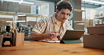Tablet, man and checklist in startup for shipping admin, verify delivery or dispatch coordination. Clipboard, ecommerce owner or tech for order processing, writing shipment info and stock procurement