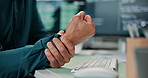 Hands, man and wrist pain in office with computer, typing and carpal tunnel from programming. Person, discomfort and pc in workplace with muscle stiffness, employee injury and burnout from coding