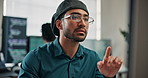 Coding, review or man in tech agency with computer, system analysis or code correction of website. Digital, glasses or programmer with evaluation, debug or database fix with software troubleshoot.