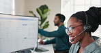 Smile, woman and headset at call center with computer, discussion and crm for technical support. Happy, person and coworking in office with pc screen, customer service and advisory for it assistance